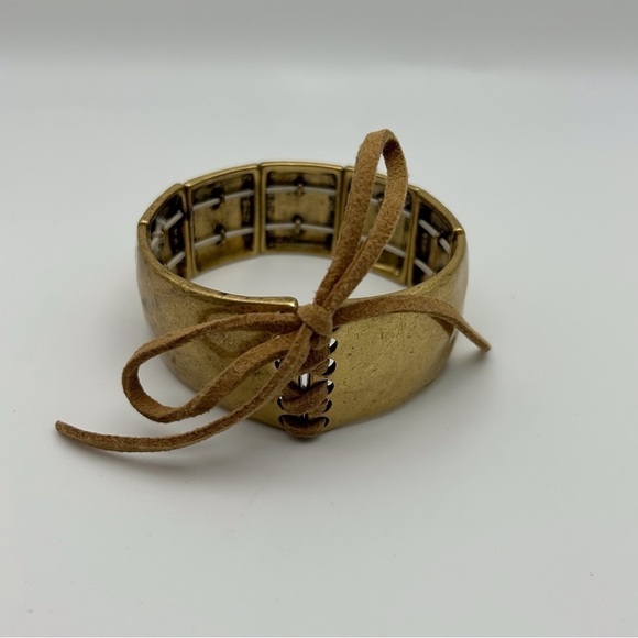 Boho Gold Tone Square Stretch Bracelet with Leather Lace Tie Up Design - Picture 5 of 10